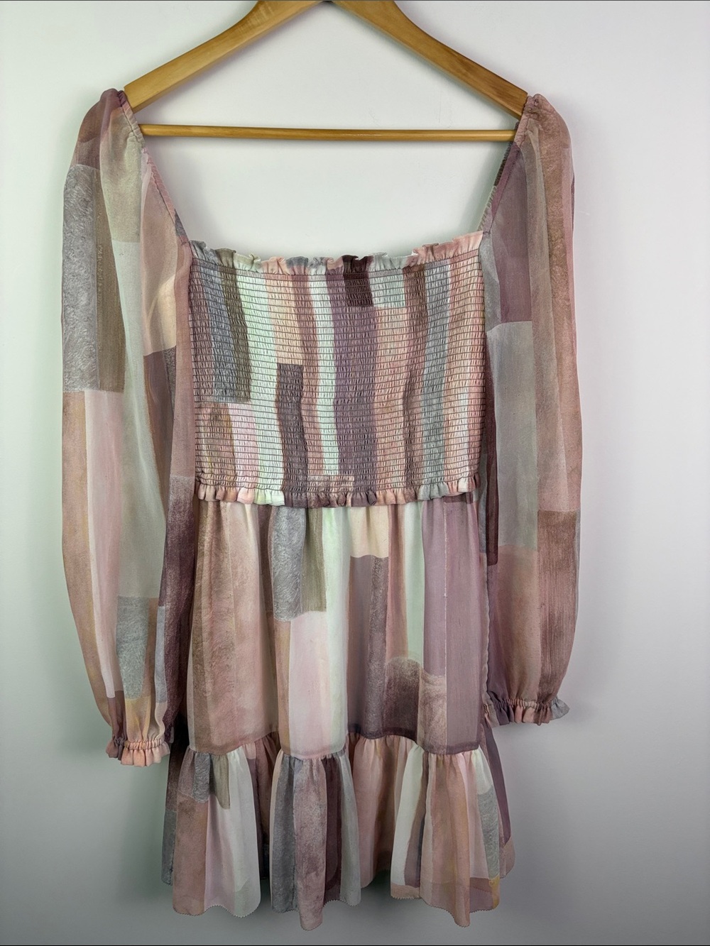 Aritzia Smocked Patchwork Mini Dress — Mauve & Blush Tones size S - Picture 4 of 14